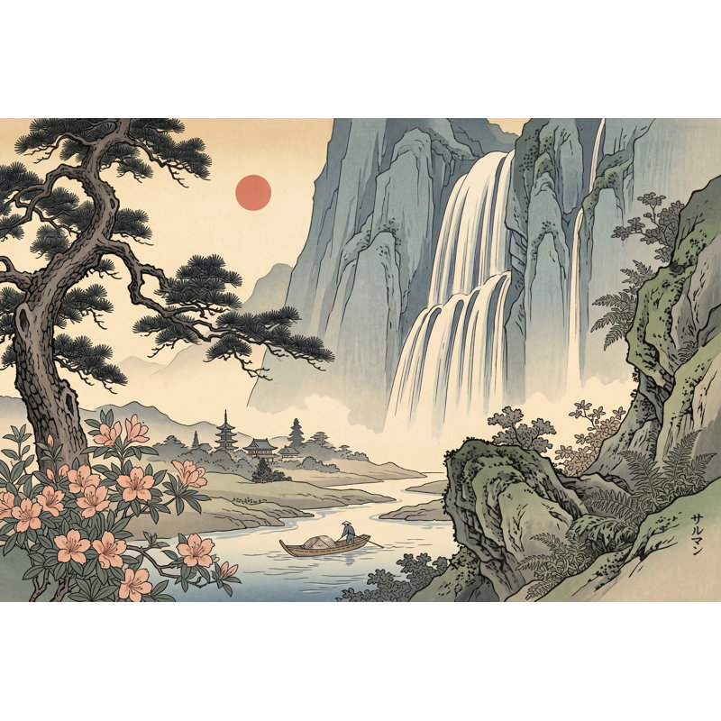 Papier peint paysage est asiatique avec cascade de montagnes et brume, 200 po x 120 po, Non tissé