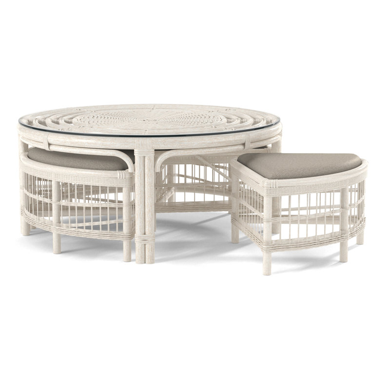 Raffles Rattan Cocktail Table with Benches, Greystone, Blue Buffalo Check; 0120-61