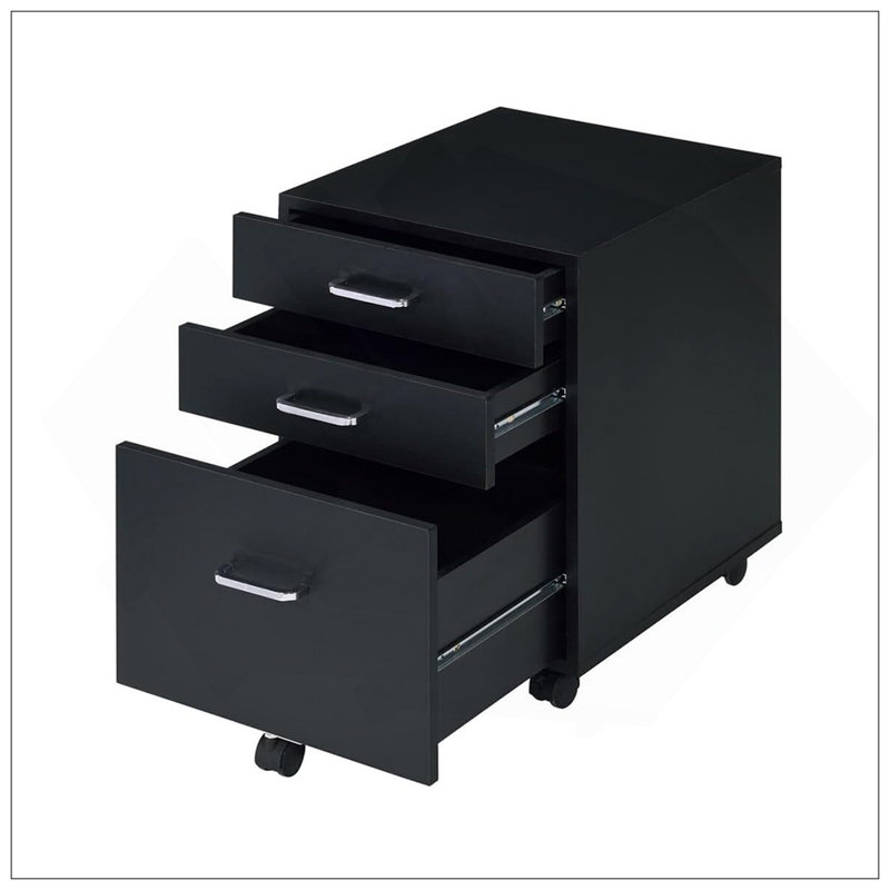 Rectangular Mobile Cabinet With 3 Drawers, Black And Chrome