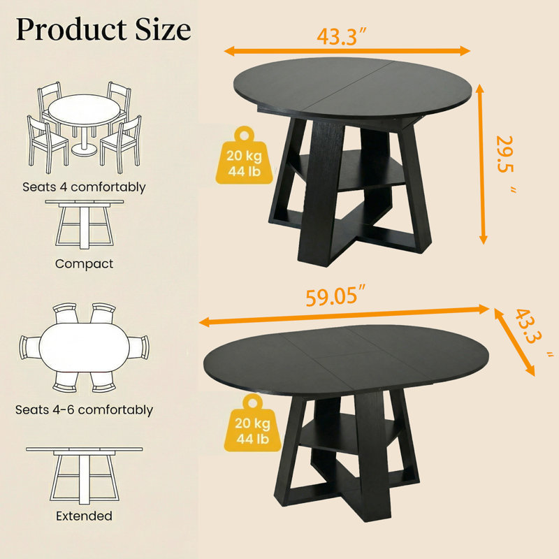 43.3"-59" Extendable Round Dining Table, Circle Kitchen Table Oval Dinner Table For 4-8, Farmhouse Dining Table With Removable Leaves Space Saving And Storage Shelf For Kitchen And Living Room, Black