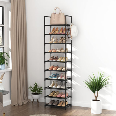 10-tier Tall Shoe Rack – Sturdy Narrow Shoe Organizer For 20–25 Pairs With Hooks, Black