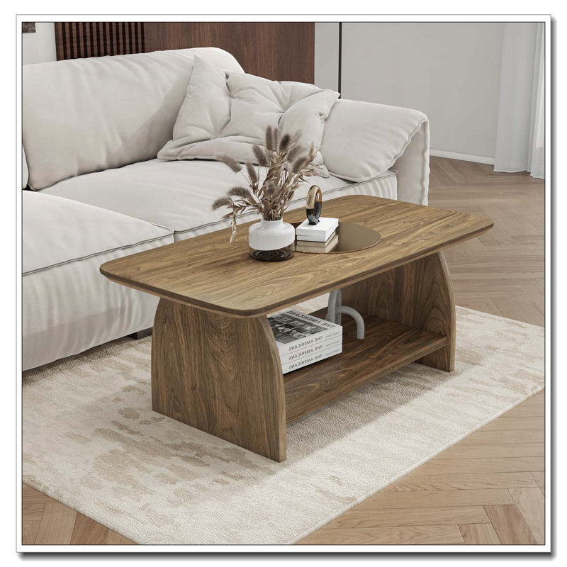Double-Layer Rectangular Coffee Table with Storage Function, Wood