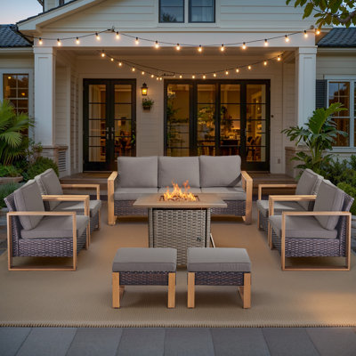 Palomares 8-Piece Outdoor Wicker Patio Square Fire Pit Conversation Set With 4 Armchairs And 2 Ottomans