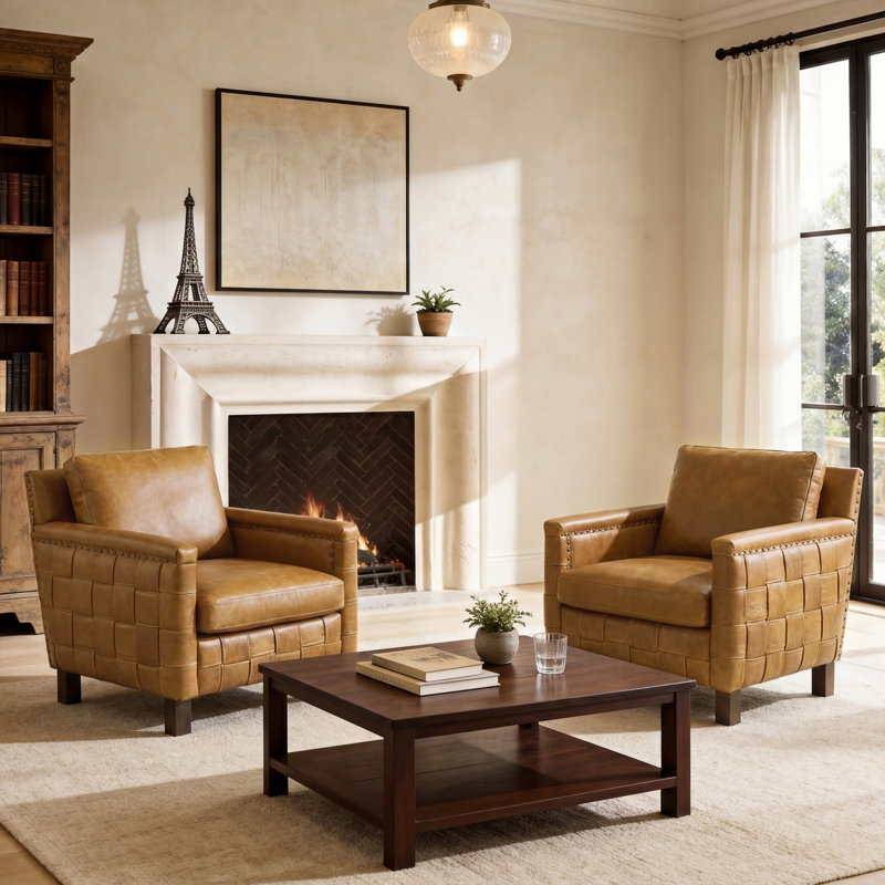 Genuine Leather Armchair Set Of 2, Light Brown