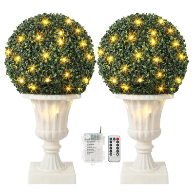 16” Artificial Plant Topiary Ball, Pre-Lit Artificial Topiary Plant With Lights, Timer And Remote Control, Artificial Outdoor Porch Trees With Urn Base For Outdoor Indoor