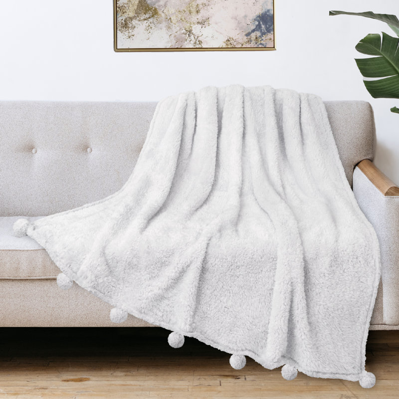 White Sherpa Fleece Throw Blanket with Pom Pom Fringe