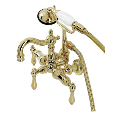 Kingston Brass Heritage Three-Handle 2-Hole Tub Wall Mount Clawfoot Tub Faucet with Hand Shower