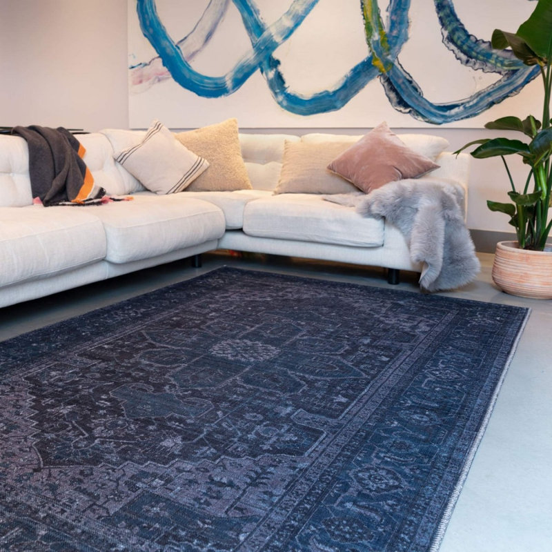 Dark Blue Traditional Persian Bordered Floral Abstract Easy To Clean Rug For Living Room And Bedroom, Chenille/Cotton