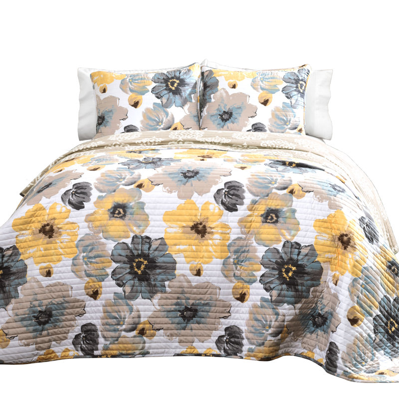 Leah Reversible Quilt Set, Yellow/Gray, Full/Queen Quilt + 2 Standard Shams