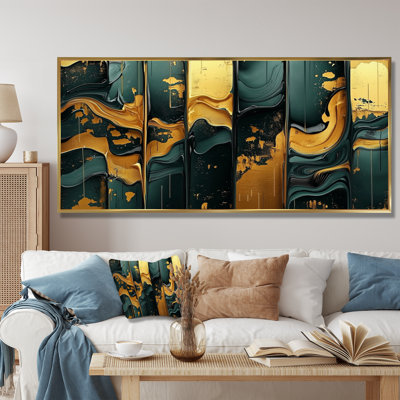 Abstract Tiles Of Emerald And Golden Stones II - Tile Canvas Art