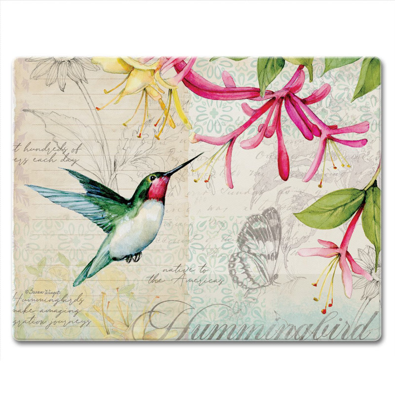Hummingbird Floral Tempered Glass Rectangular Cutting Board 10" x 8"
