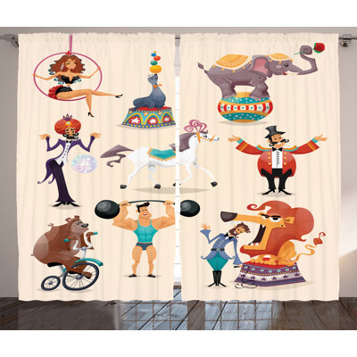 Circus Performance Fun Athlete And Animals 2 Piece Semi Sheer Curtain Set