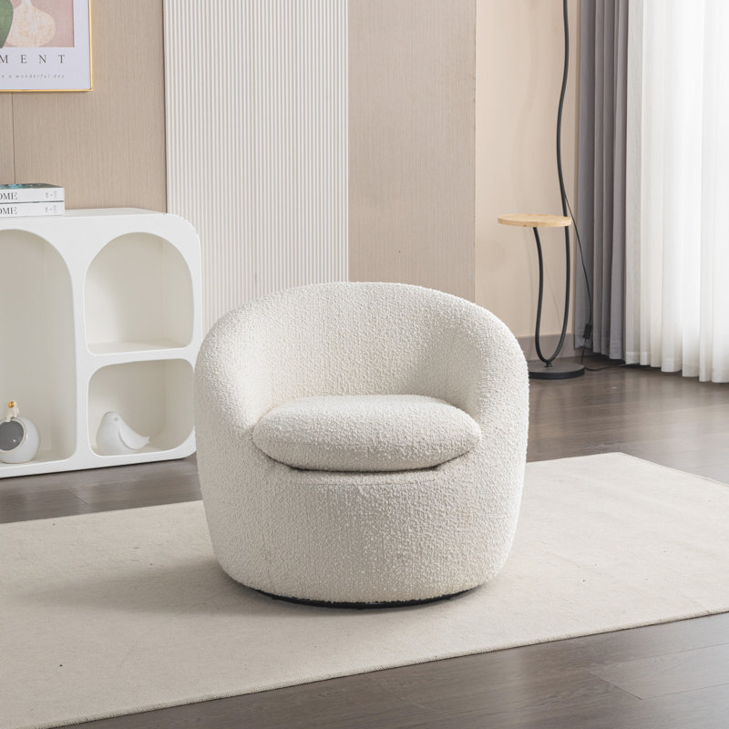 Modern Barrel Chair 360° Swivel Chair Sofa Chair Upholstered Chair Reading Chair Comfy Chair, Cream White Polyester