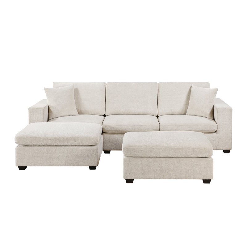 Mobilier de salon contemporain 5 pièces modulaire avec deux repose-pieds en chenille beige