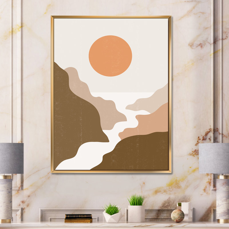 Paysage avec pleine lune dans des tons de terre cuite - Impression sur toile, H 32 po x l 16 po x P 1 po, Toile encadrée d'or