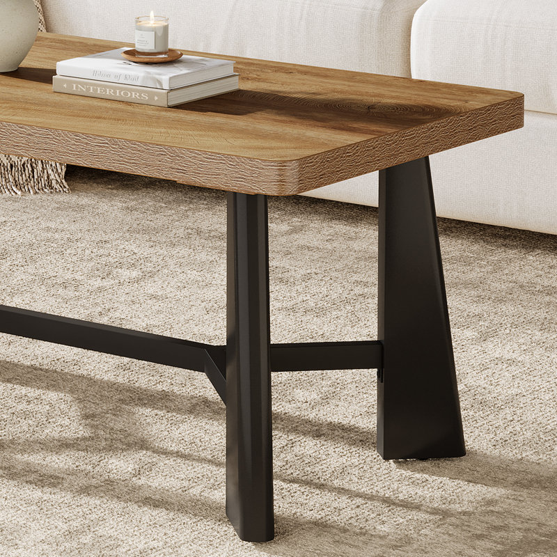 Grande table basse de 47,2 po avec pieds noirs robustes et base à barre transversale, grande table centrale moderne pour le salon, assemblage rapide en 15 minutes