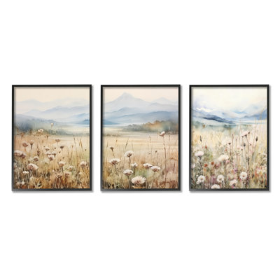 In The Field Landscape 3 Piece Black Framed Giclee Art Set by Petals Prints Design