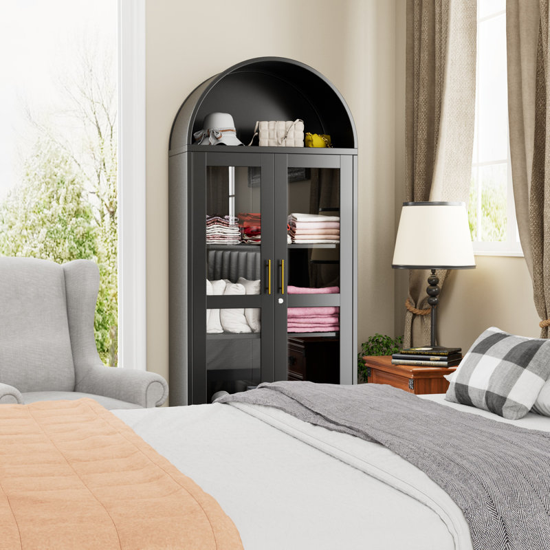 Metal Arched Cabinet With Lock, Freestanding Display Cabinet With Glass Doors And Adjustable Shelves, Modern Arched Bookshelf For Office, Kitchen, Pantry, Dining Room, Assembly Required, Black