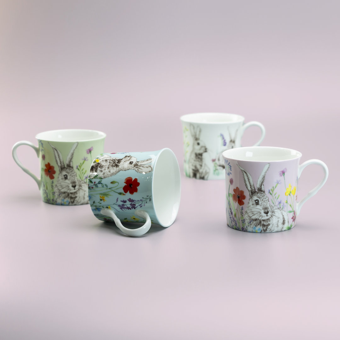 Pink And White Happy Bunny Rabbit Bone China Mug, Set Of 4 Grace's Tea Ware 