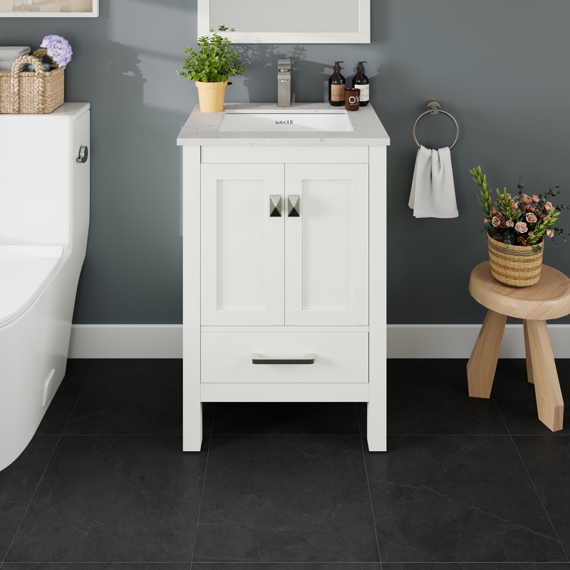 Eviva London 24"W x 18"D Bathroom Vanity with Undermount Porcelain Sink, Quartz - White Carrara, White