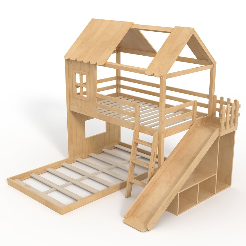 House-Style Wooden Bunk Bed with Slide, Storage Shelves & Wardrobe, Natural