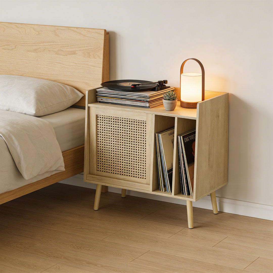 Record Player Stand With Vinyl Storage, Turntable Stand & Record Player Table With Storage Shelf & Rattan Cabinet Door