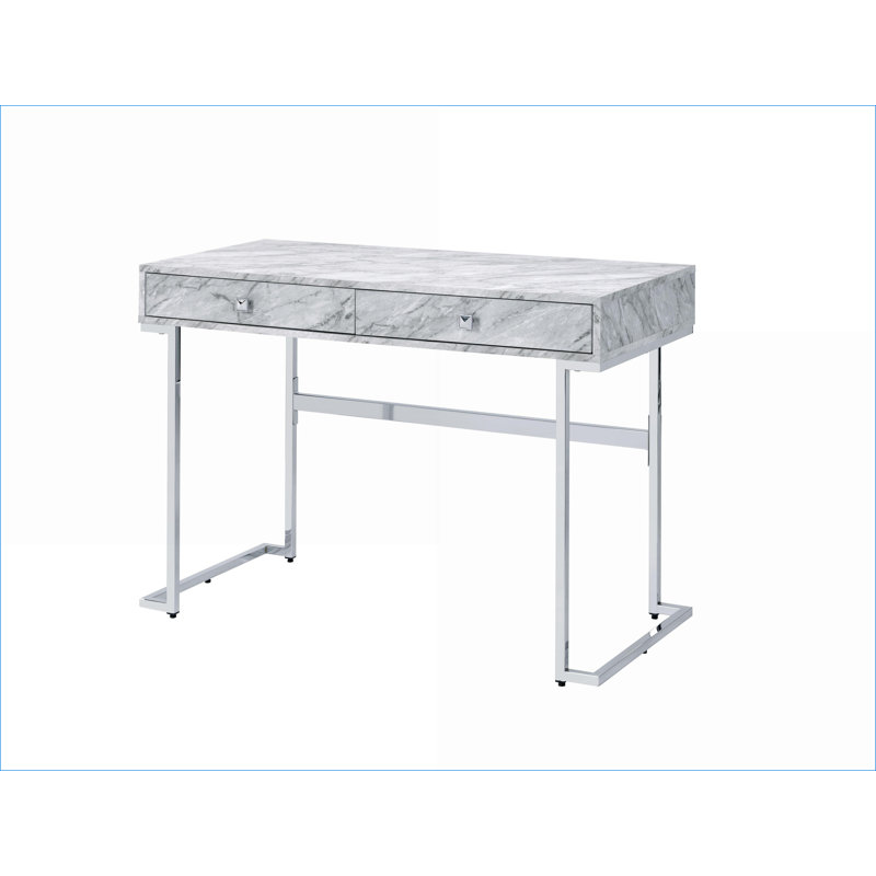 Desks, Modern White Faux Marble Top Writing Desk with 2 Drawers | Chrome Finish | White | Faux Marble
