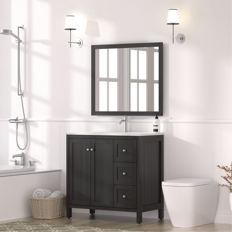 Meuble-lavabo de 35,5 po avec finition noire, lavabo en résine, 3 tiroirs, portes à fermeture en douceur, conception à éclaboussures, matériau en contreplaqué pour une utilisation quotidienne à long terme