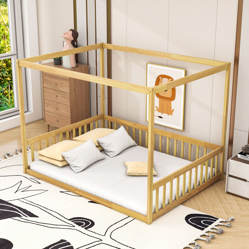 Wooden Canopy Floor Bed With Fence, Natural, Full