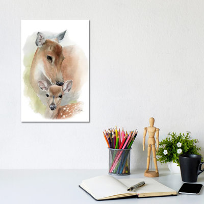 Mother And Baby Deer by Watercolor Luv - Wrapped Canvas Painting