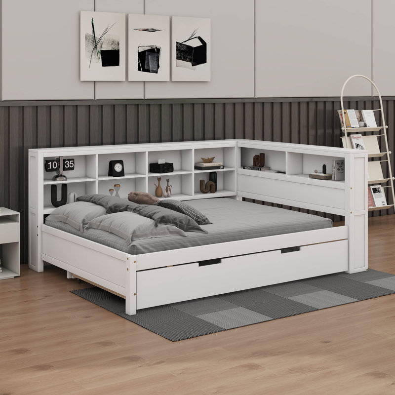 Wooden Full Size Daybed With Trundle Bed, Includes Storage Shelf & USB Charging Ports
