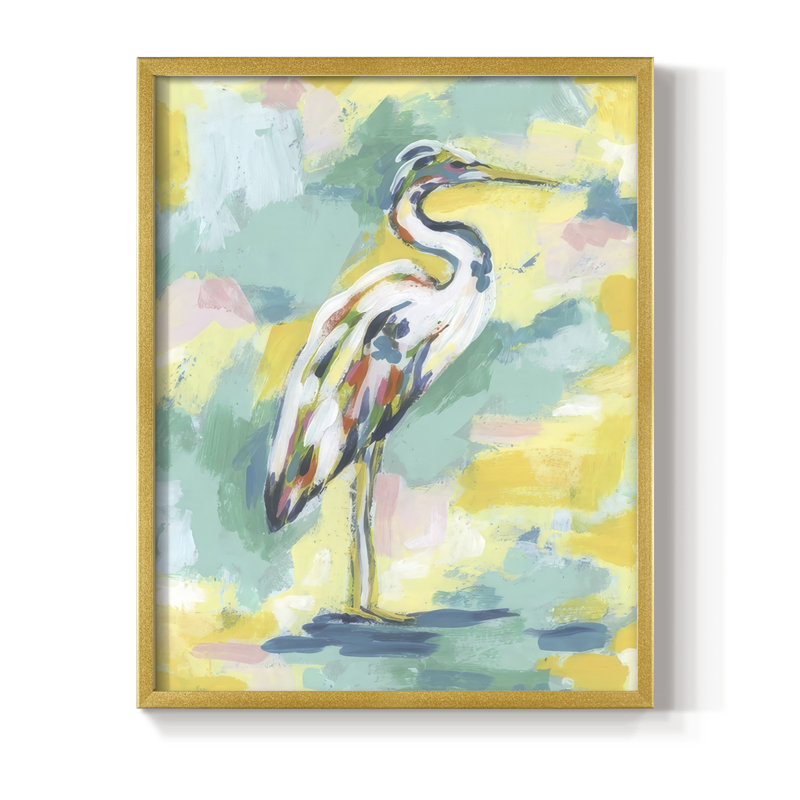 Bright Heron Fresco III, reproduction encadrée - bois massif, H 11 po x l 9 po, Doré