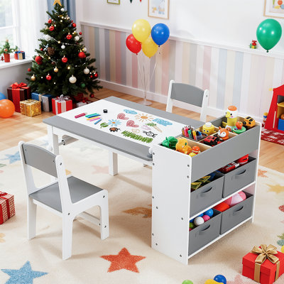 3-Piece Kids Art Table and Chair Set with Storage & Paper Roll Holder, 2 Ergonomic Chairs, for Drawing, Crafts & Play(gray)