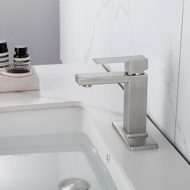 Robinet de lavabo de salle de bain à poignée simple avec drain escamotable (avec trop-plein), Nickel brossé