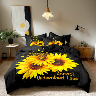 Ensemble de housse de couette de tournesol inspirant, impression numérique florale jaune Comprendre l'amour, literie en microfibre douce, envers noir uni, ensemble de 3 pièces, lit simple / double / grand / très grand, pas d'édredon ni de coussin inclus