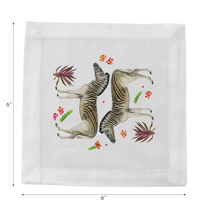 Zebra Seeing Double Cotton Sateen Cocktail Napkins, Black/White/Beige