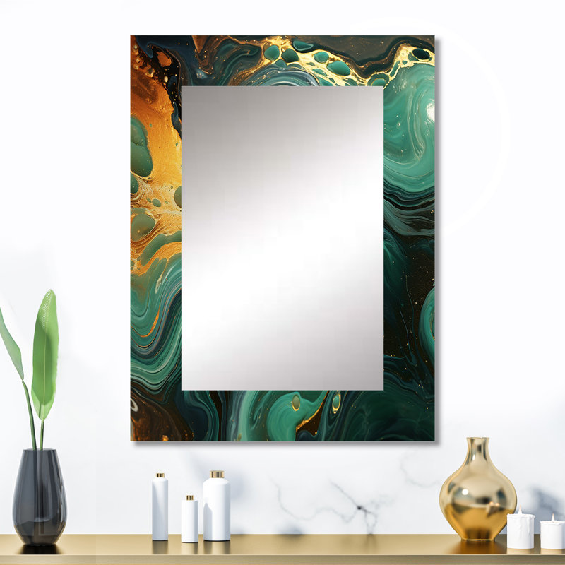 Abstrait vert et or Marble River II - miroir en marbre, miroir mural décoratif vert, impression sur métal, 32 po x 24 po