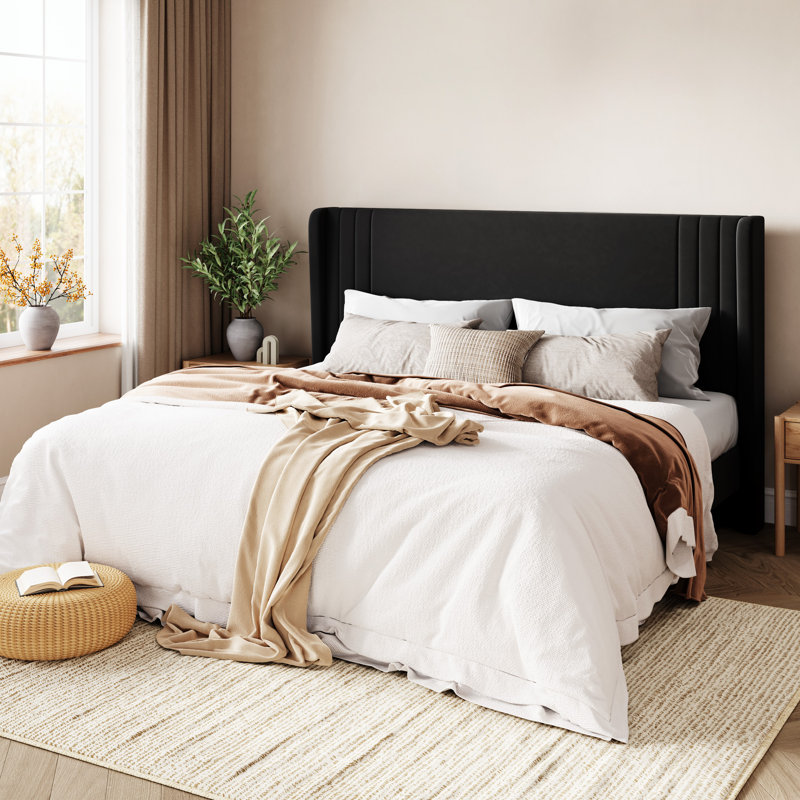 Low-Profile Velvet Upholstered Platform Bed with Wingbacks, Black, King