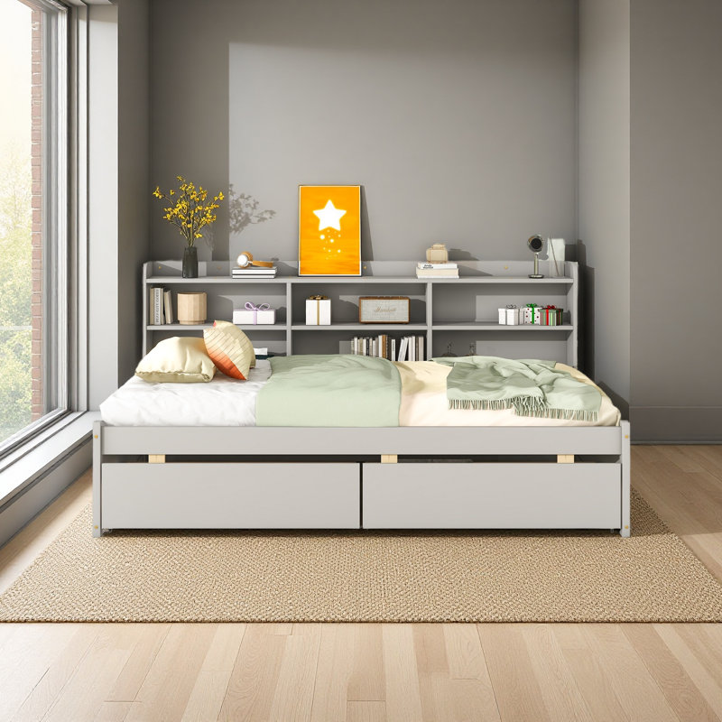 Bed With Side Bookcase, Drawers, Twin, Gray