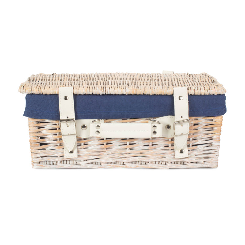 Wicker Hamper Basket with Lining, White/Navy Blue, 15cm H x 36cm W x 26cm D