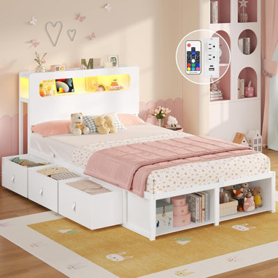 Bed Frame With 6 Storage Drawers & 2-tier Led Headboard – Kids Boy Bed With Power Outlets & Rgb Lights, 2 Footboard Cubbies– Space-saving