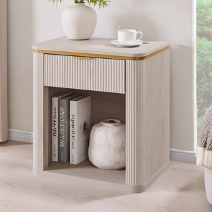 Table de chevet cannelée avec tiroir, table de chevet moderne en bois avec poignée en métal