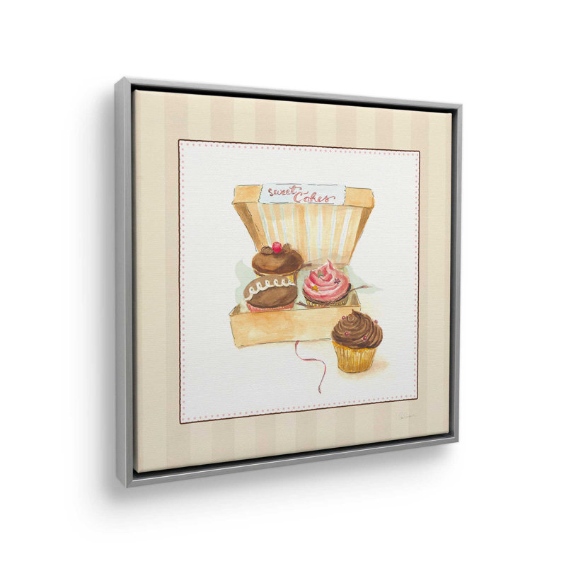 «Cupcake Quartet on Stripes» par Sue Schlabach, reproduction d'art, 20 W x 20 H, Silver, Framed Canvas