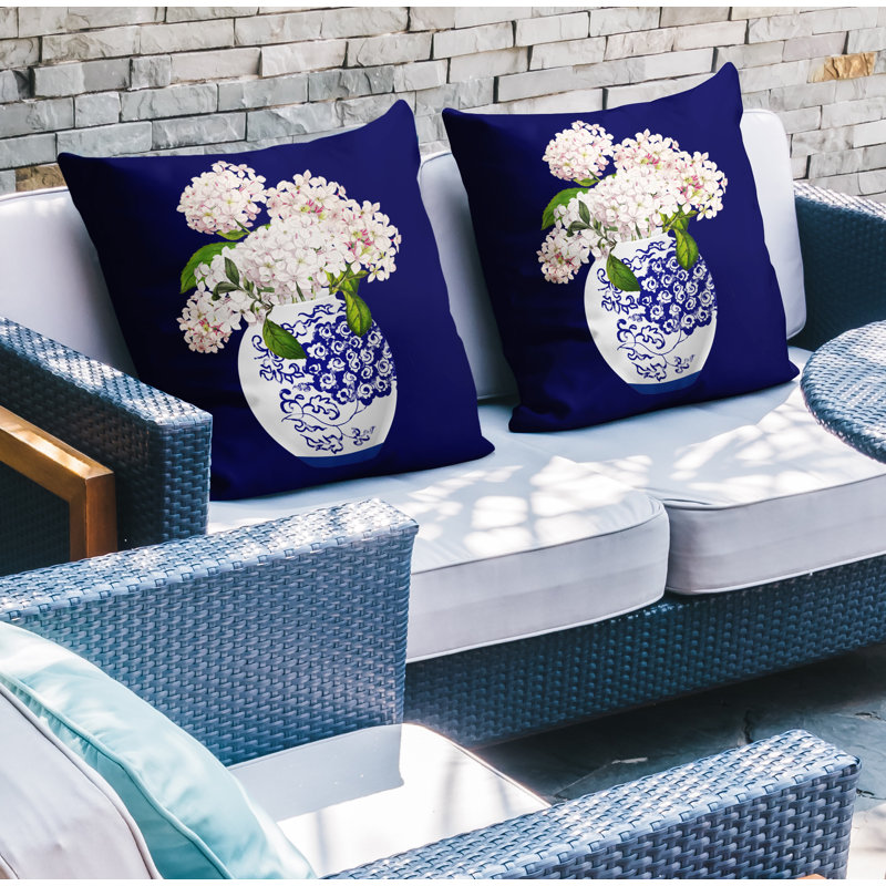  Coussin décoratif intérieur / extérieur floral, L 19 po x H 19 po, Bleu marine