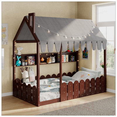 Lit simple pour enfants Montessori avec rampes, tente, lumières et 3 tablettes de rangement