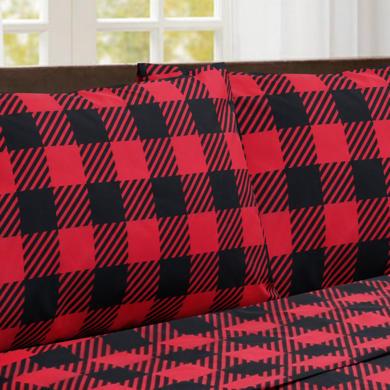 Ensemble de draps 4 pièces rouge / noir, Ensemble de draps pour grand lit avec 2 taies d'or