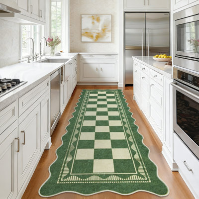 Tapis de couloir 2 pi x 6 pi festonné en damier festonné, envers en TPR antidérapant, tapis à bordure rétro pour vestibule d'entrée de cuisine