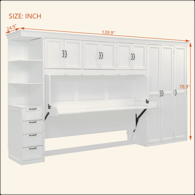 Lit escamotable mural avec garde-robe, armoire et bureau Murphy, Blanc