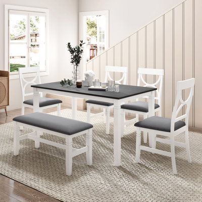 6 Dining In Vibe, Solid Rubberwood Legs, Upholstered Seating, 60-inch Table Design , Featuring Bench And 4 Chairs, Rectangular Wood