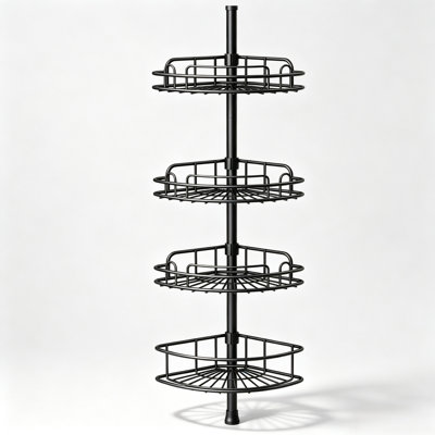 Étagère de douche d'angle à barre de tension sans perçage, 4 niveaux, hauteur réglable de 121,1 cm à 313,8 cm, noire résistante à la rouille